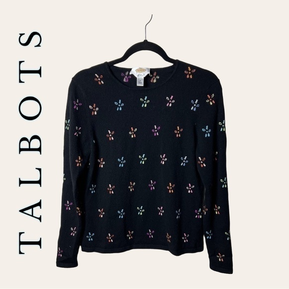 0046.‎ TALBOTS LONG SLEEVE TOP 100% CASHMERE BLACK WITH MULTI COLOR FLOWERS - Picture 1 of 9
